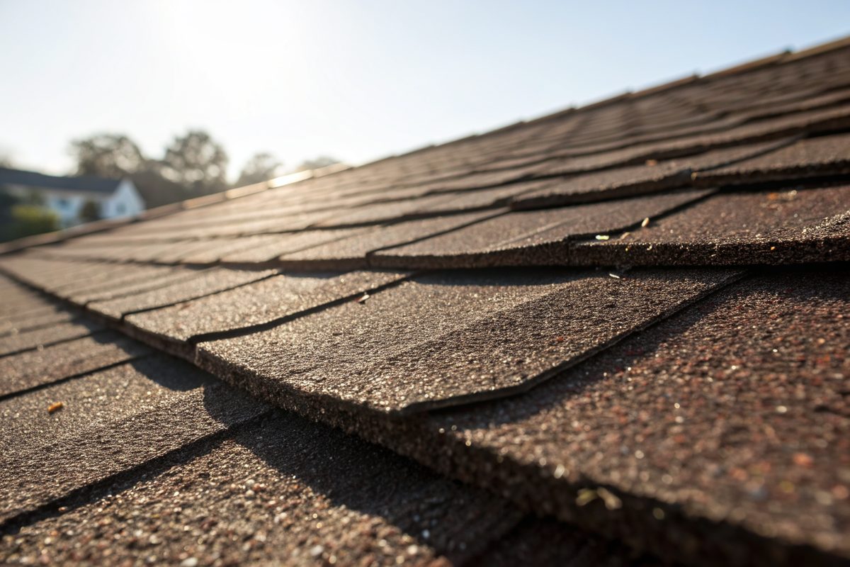 Close view of thick textured brown architectural shingles in bright sun