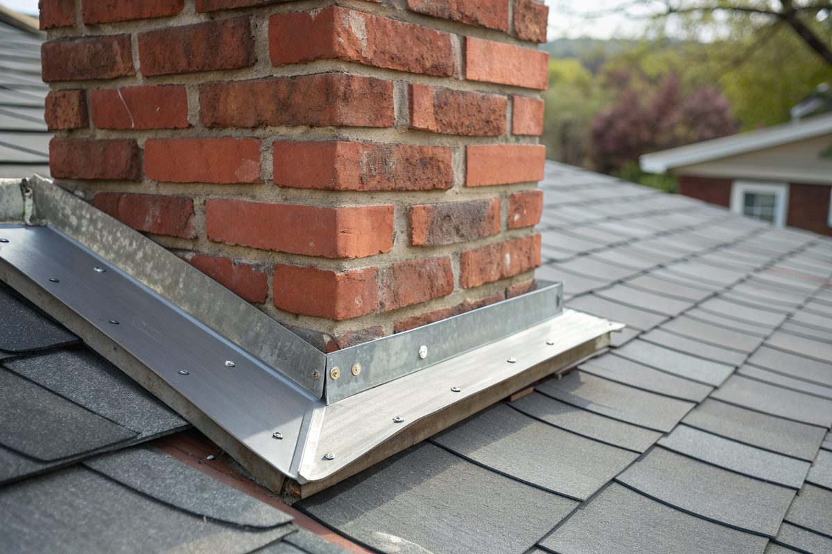 Metal flashing where a red brick chimney meets a gray shingle roof