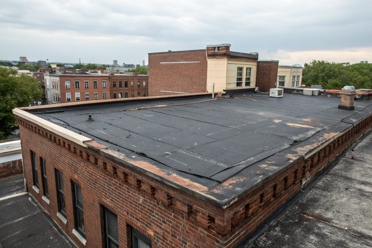 A flat black membrane roof with patched seams on top of an older brick building