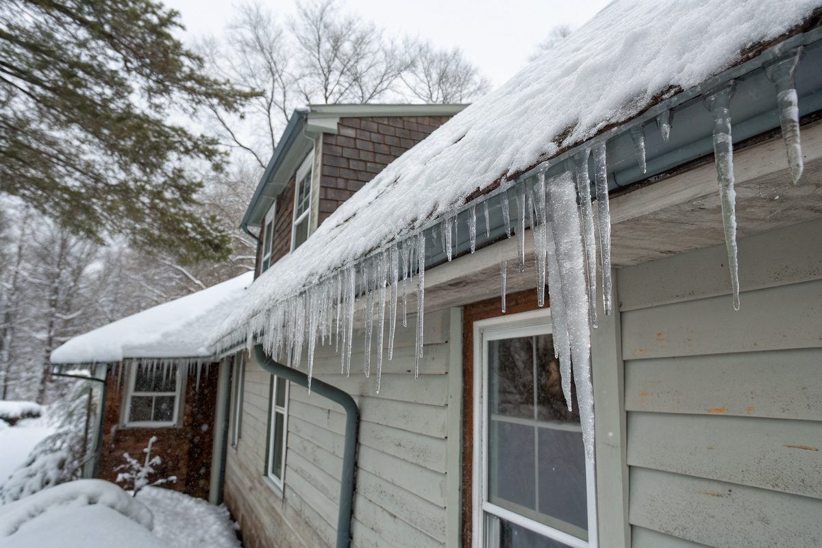 Long icicles hanging from an ice-crusted eave below a snowy roof