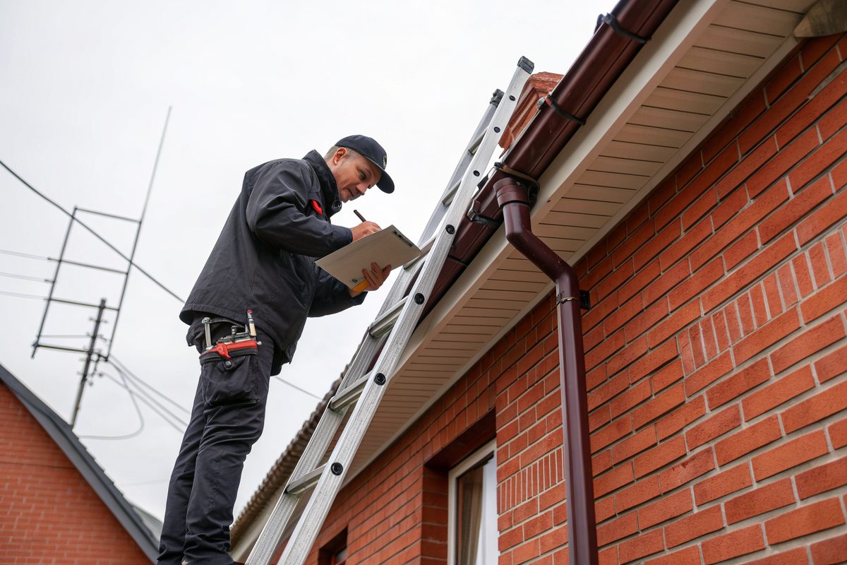 A man on a ladder with a clipboard checking the roof edge and gutter of a brick house