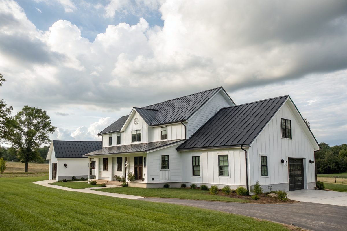 A white farmhouse-style home with a dark metal panel roof and a green lawn