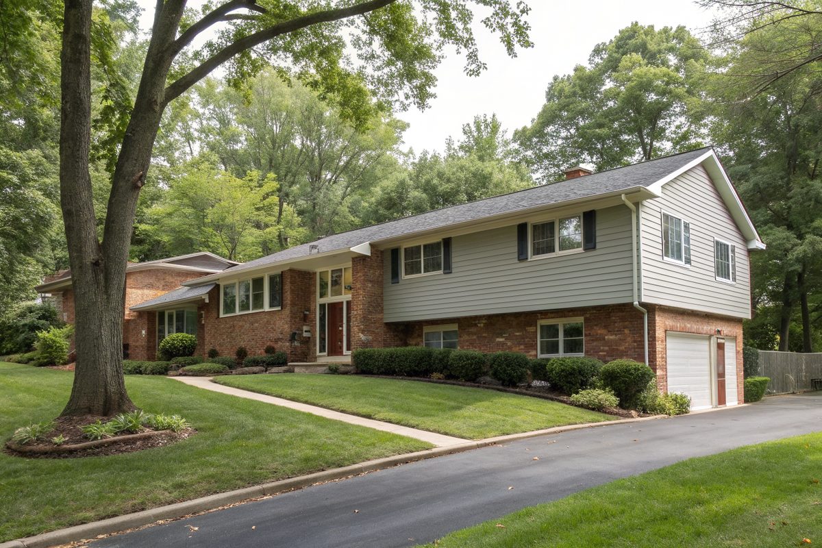 A split-level house with a brick lower story and a low gray shingle roof on a tree-lined street