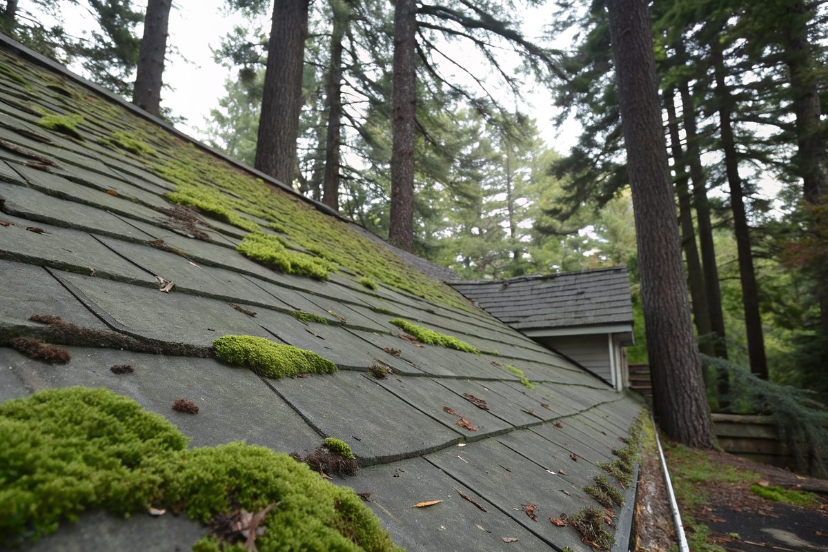 Green moss and dark streaks on an older gray shingle roof shaded by tall trees
