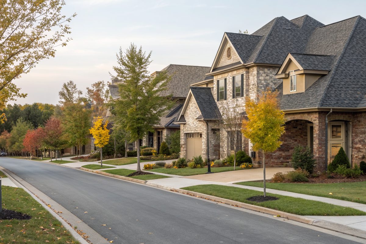 A street of newer two-story homes with stone fronts and charcoal shingle roofs in early fall