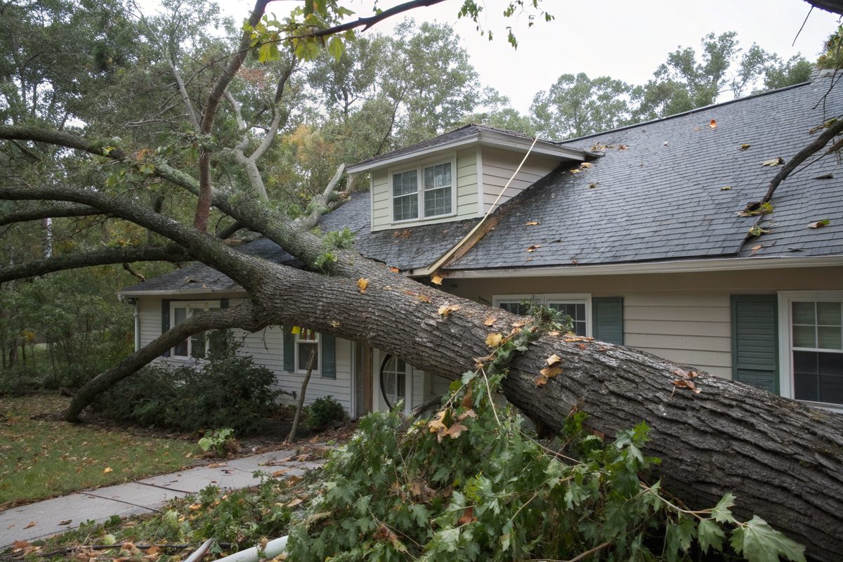 A large fallen tree limb lying across the shingle roof of a two-story house