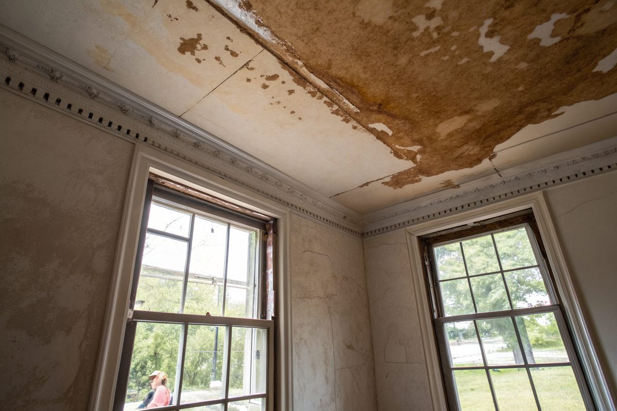 A brown water stain spreading across an old plaster ceiling between two windows