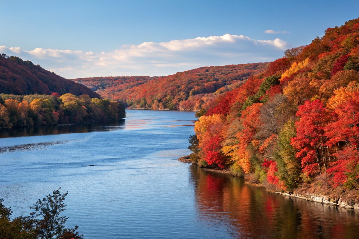 A wide river between wooded hills in red and orange fall color