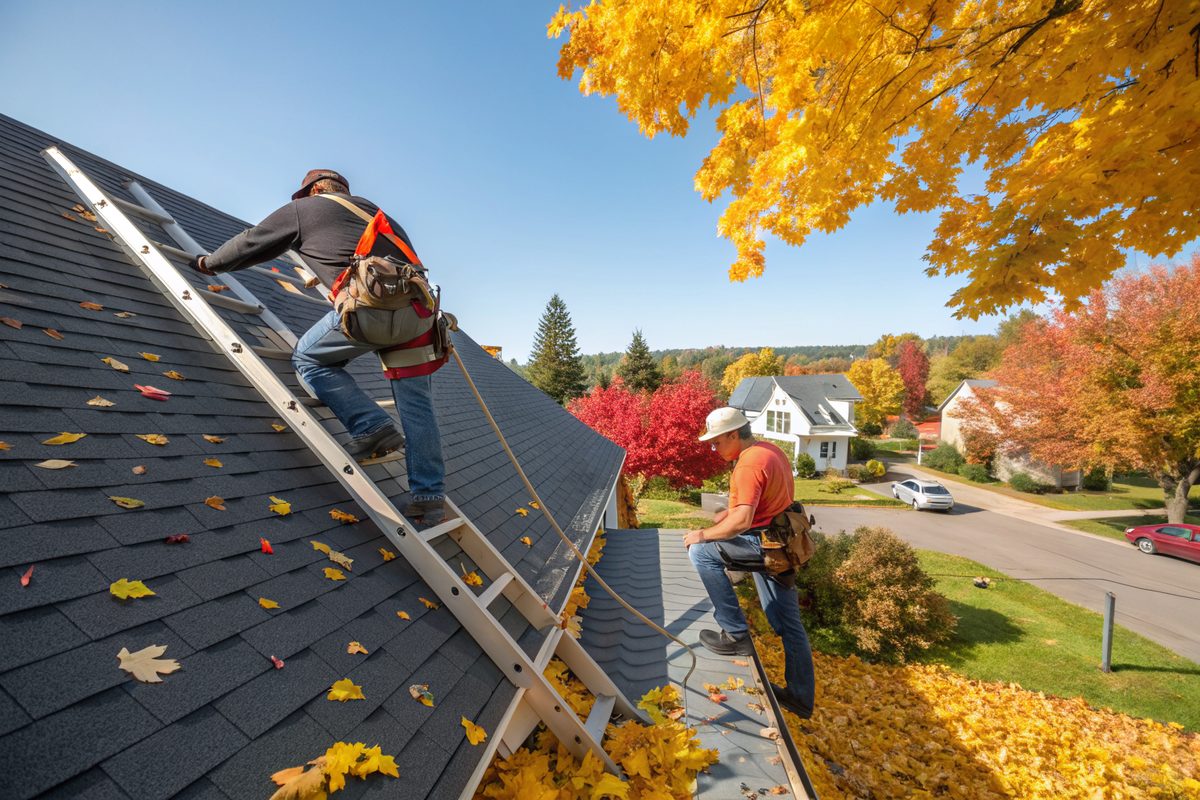 Two roofers in safety harnesses laying new charcoal shingles on a steep roof in the fall
