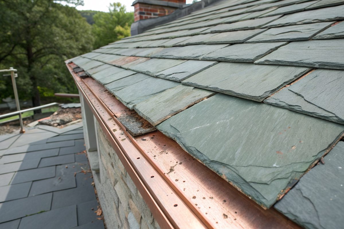 Close view of an old gray-green slate roof with cracked slates beside a copper gutter