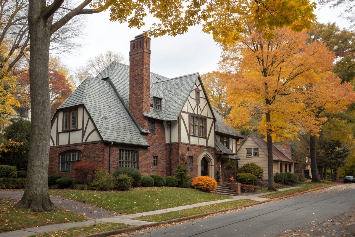 A Tudor-style brick and stucco house with a steep gray slate roof and tall chimney in autumn