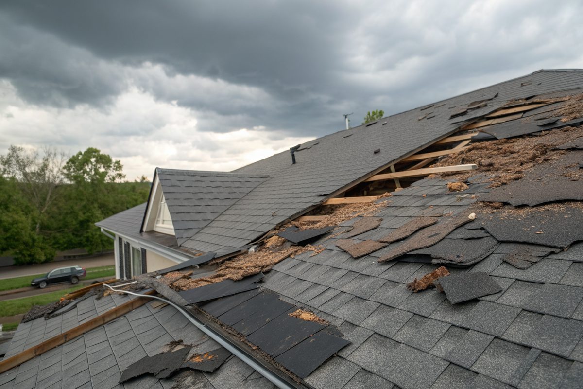 Torn and lifted shingles near the ridge of a gray roof under a cloudy sky