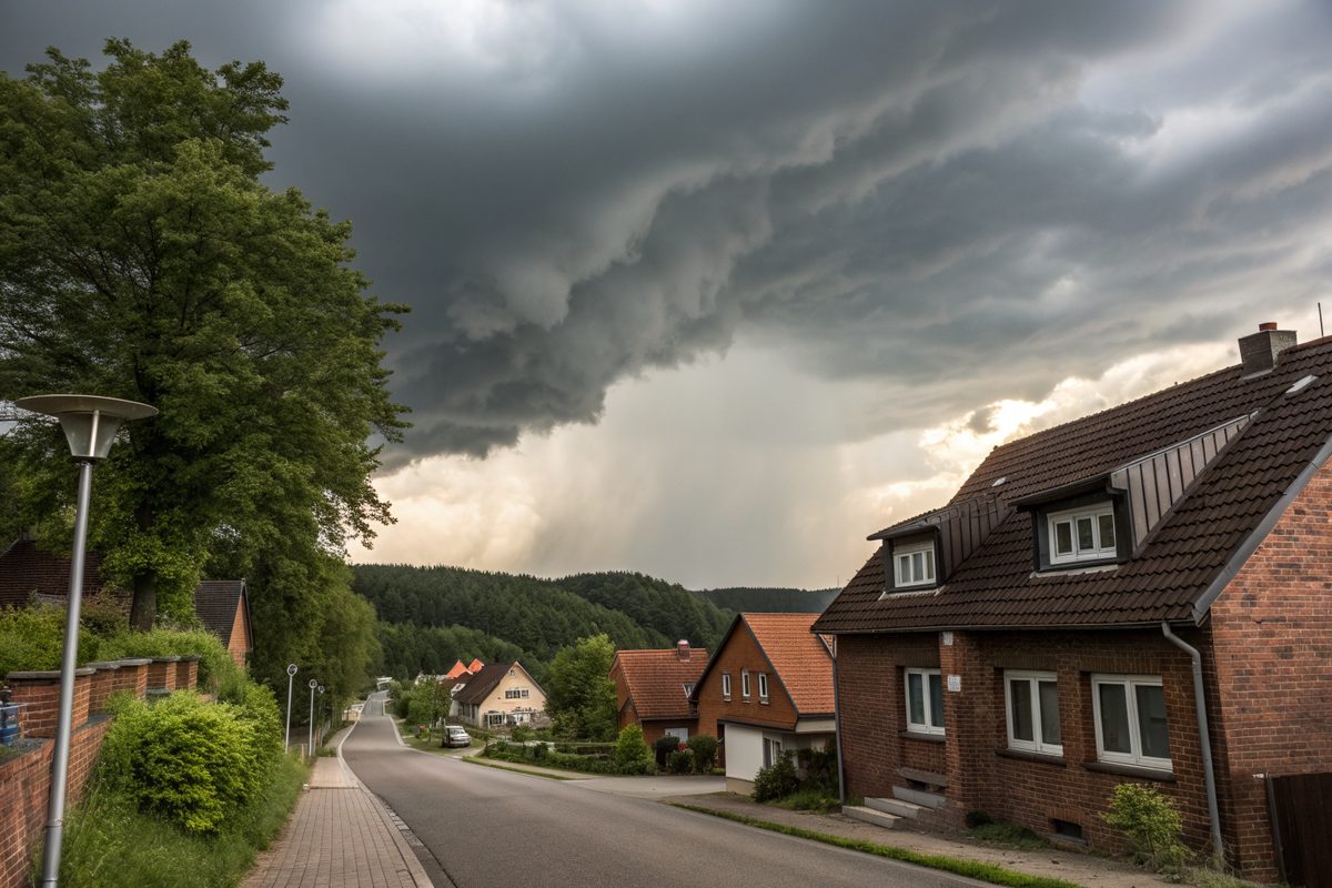 Dark storm clouds rolling over a hillside street of brick houses